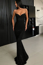Glamorous Black V-neck Mermaid Spaghetti-Strapes Sequins Prom Dresses